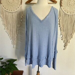 Free people blue waffle knit oversized distressed tunic top medium